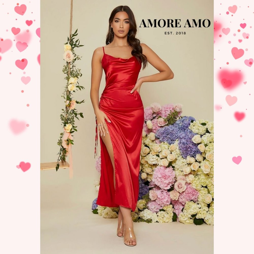 ❤️ Harper ❤️ Dress - Classic Rouge Drape Thigh High Leg Slit Drawstrings
